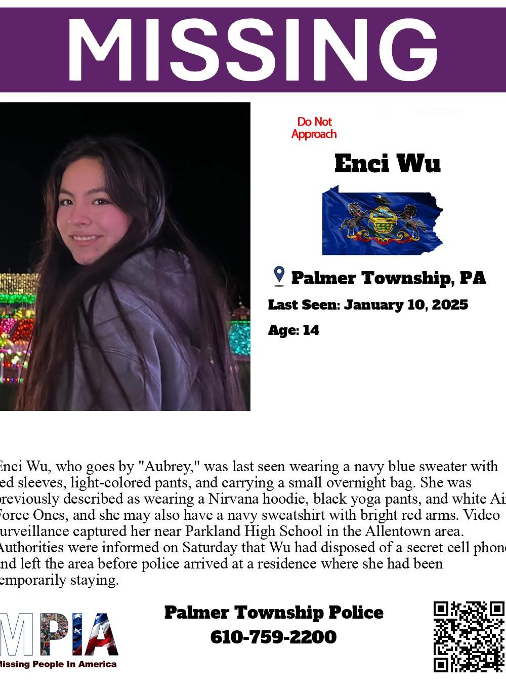 Enci Wu missing person flyer