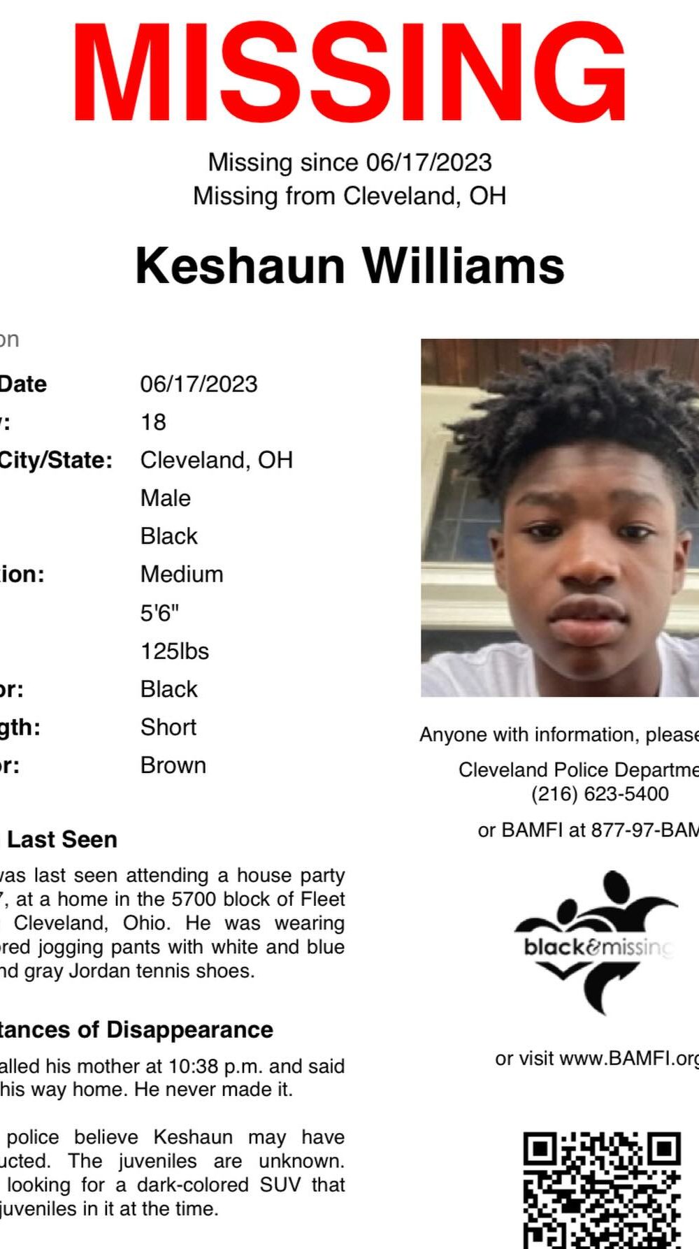 Keshaun Williams missing person flyer